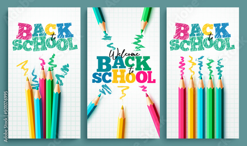 Back to school vector poster set design. Back to school creative text with colorful color pencil art elements in grid background for educational creativity study learning. Vector illustration.  
