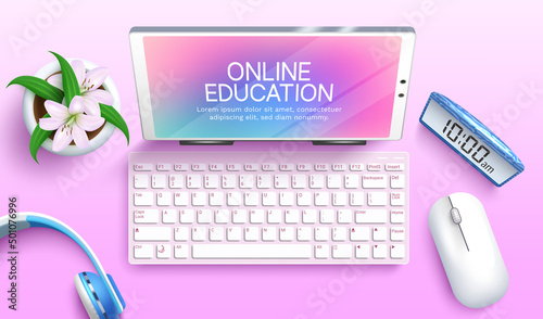 Virtual education vector concept design. Online education text with laptop, keyboard and headphones study elements in pastel color background for home distance learning. Vector illustration.  
