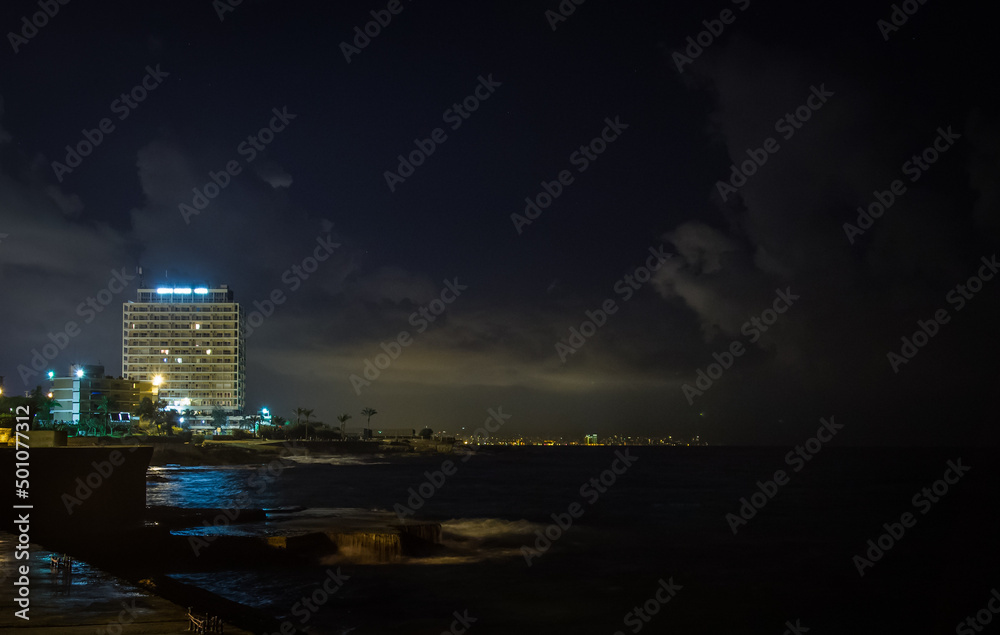 Fototapeta premium sea City lights shore pier night