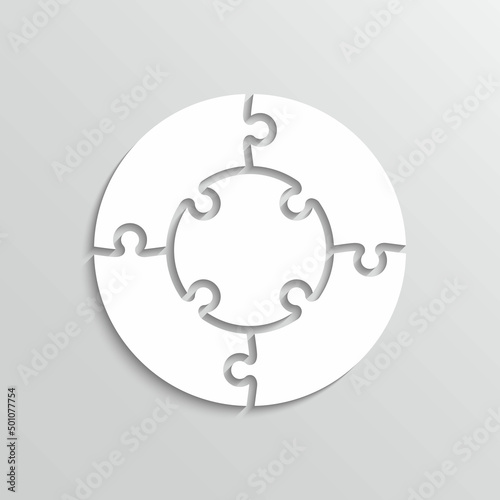 Jigsaw outline grid in circle shape. Scheme of thinking game. Puzzle pieces. Modern background with 5 mosaic details. Simple frame tiles. Cutting template. Vector illustration.