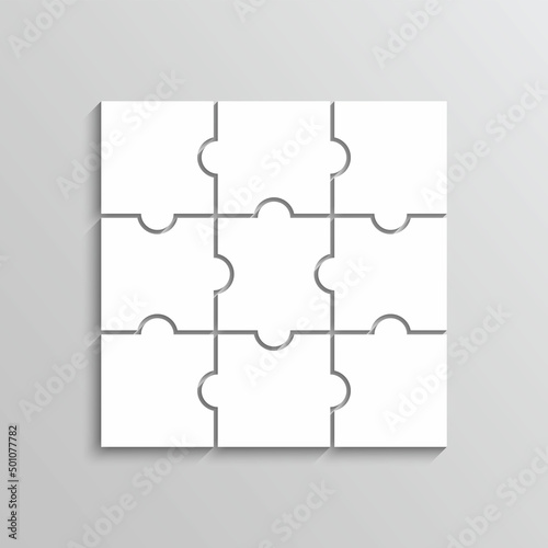Puzzle game with 9pieces. Jigsaw outline grid. Simple mosaic layout. Thinking game with separate shapes. Modern puzzle background. Laser cut frame. Vector illustration.