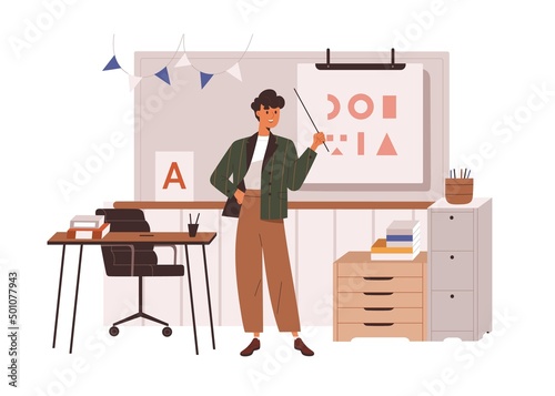 Primary school teacher standing at blackboard in classroom, conducting lesson. Pedagogue showing at class whiteboard with pointer, explaining. Flat vector illustration isolated on white background