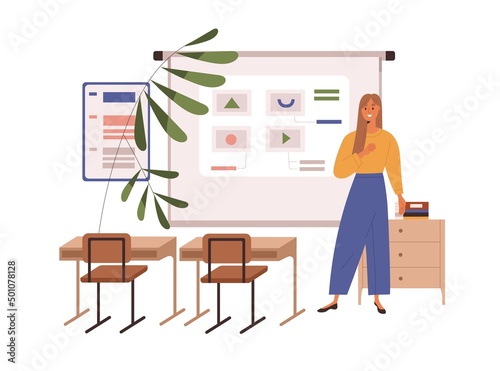 School teacher standing in empty classroom, preparing to conduct lesson, teach. Educator at whiteboard with presentation in class. Woman lecturer. Flat vector illustration isolated on white background