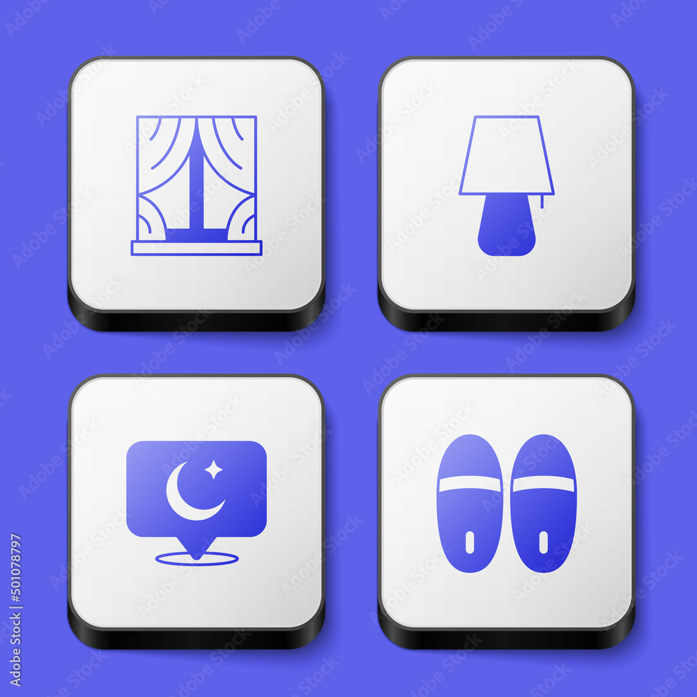 Set Window with curtains, Table lamp, Moon and stars and Slippers icon. White square button. Vector Set Window with curtains, Table lamp, Moon and stars and Slippers icon. White square button. Vector