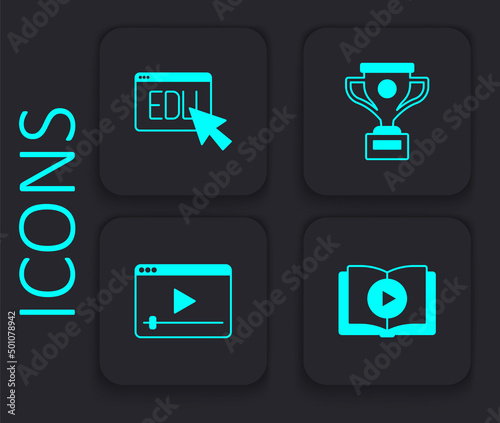 Set Audio book, Online education, Award cup and play video icon. Black square button. Vector