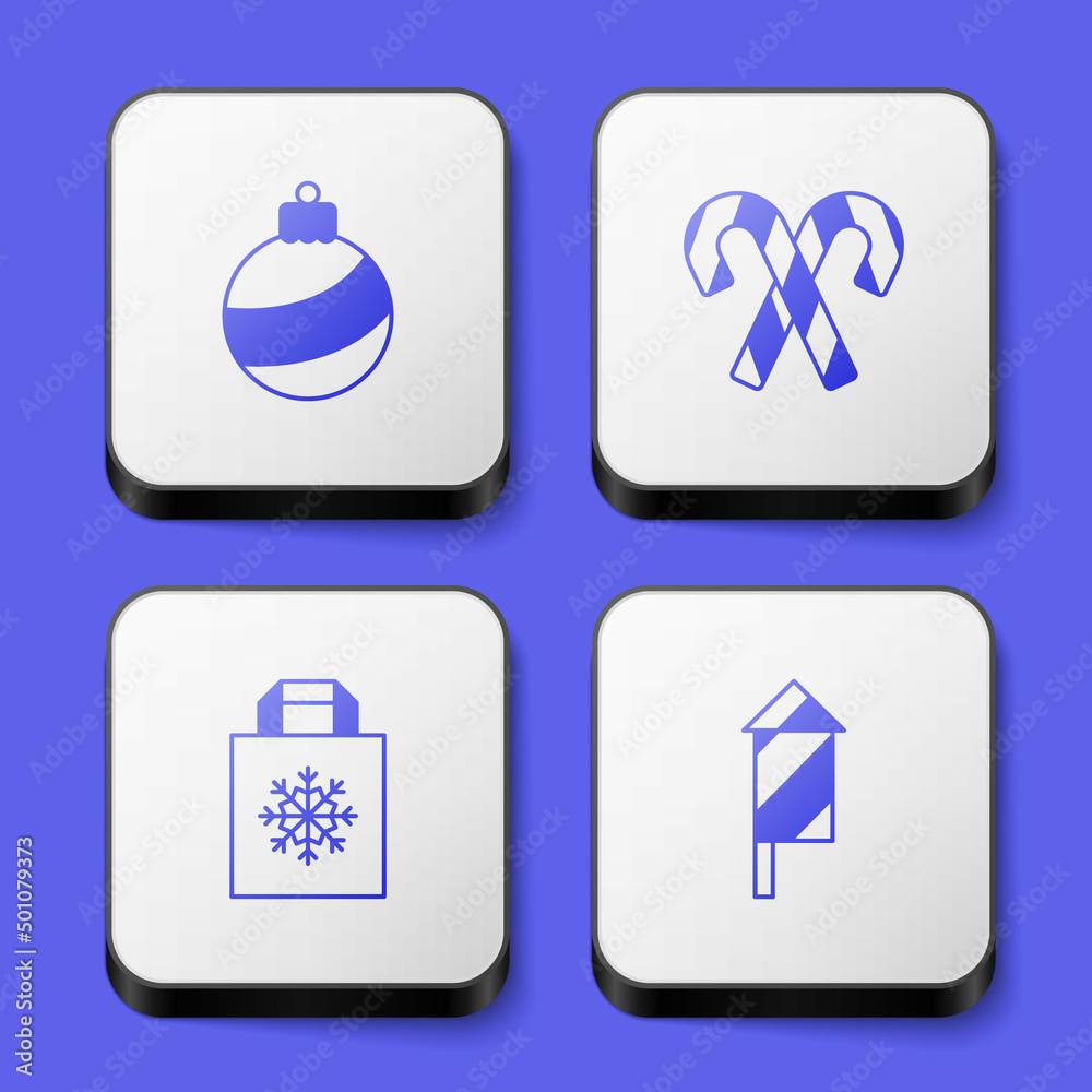 Set Christmas ball, Candy cane with stripes, shopping bag and Firework rocket icon. White square button. Vector Set Christmas ball, Candy cane with stripes, shopping bag and Firework rocket icon. White square button. Vector