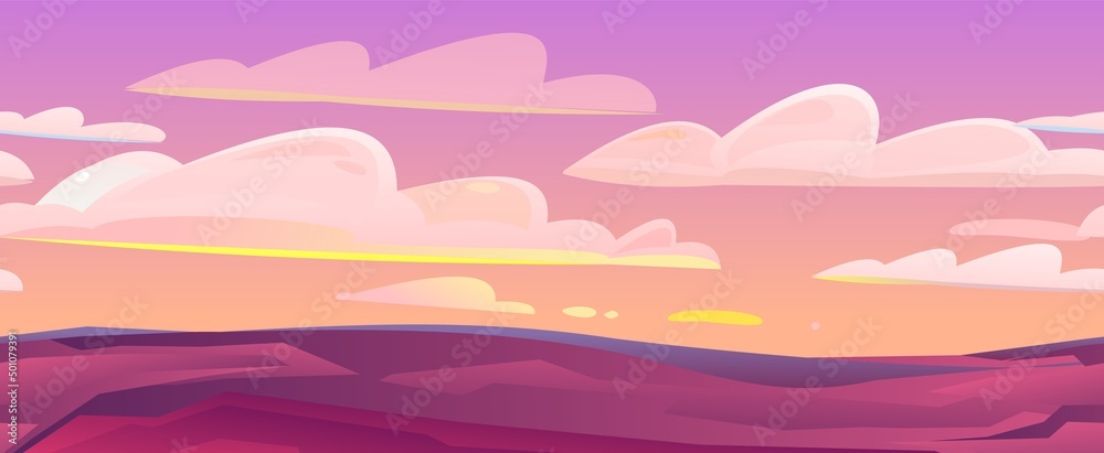 Rocky morning landscape. Seamless illustration. Beautiful stone scenery. Cartoon flat style design. Vector