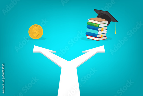 Money or knowledge. Investment in education concept.  Hat on stack of books and money. . 