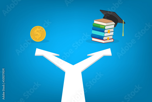 Money or knowledge. Investment in education concept.  Hat on stack of books and money. . 
