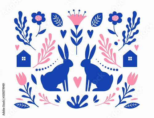 Nordic Folk pattern with bunnies and floral elements