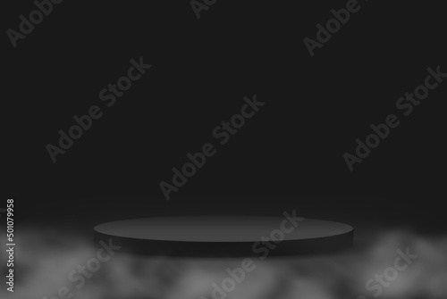 Black podium on a dark background. Empty cylinder stage for product showcase with smoke or fog, platform vector mockup.