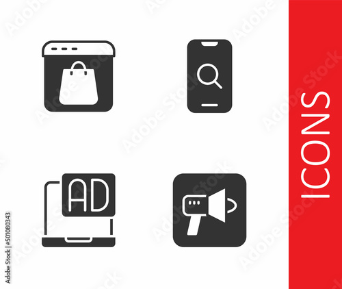 Set Megaphone, Online shopping screen, Advertising and Magnifying glass and mobile icon. Vector Free Download Set Megaphone, Online shopping screen, Advertising and Magnifying glass and mobile icon. Vector - GFXLoad
