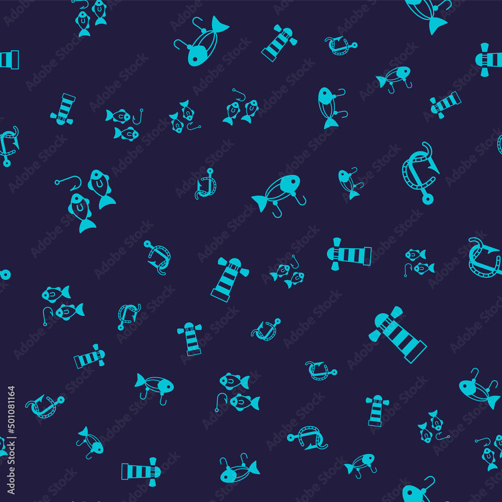 Set Fishing hook with fish, and worm, lure and Lighthouse on seamless pattern. Vector Set Fishing hook with fish, and worm, lure and Lighthouse on seamless pattern. Vector
