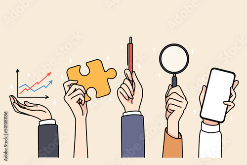 Hands of people holding various work tools and equipment. Businesspeople use stationery for job, phone, magnifier and pen. Office and job supplies. Flat vector illustration. 