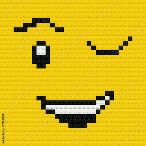 Pixel vector illustration of smiling yellow face are made from plastic bricks with assembly knots.