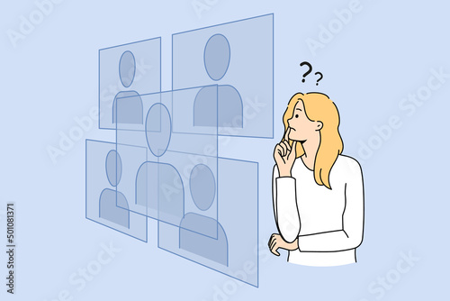 Confused woman look at various avatars in cyberspace think of image change. Pensive female choose decide digital face personality from virtual space. New technology. Vector illustration. 