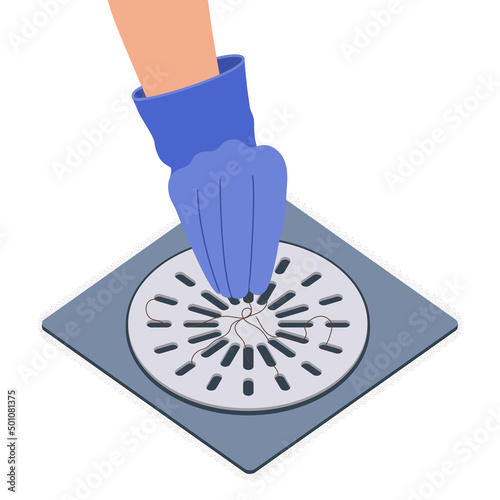 Hand removing hair clump from the shower drain. Hair fall problem and alopecia diagnostics concept. Cleaning grid after washing scalp. Cartoon vector illustration