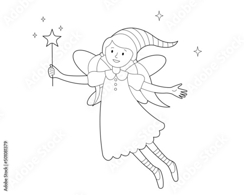 Flower fairy with a magic wand in her hand. Coloring book for children. Illustration highlighted on white background.