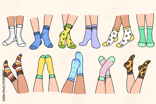 Set of people legs in colorful funny socks. Collection of woman feet in multicolored footgear. Fashion and sale in retail. Advertising concept. Flat vector illustration. 