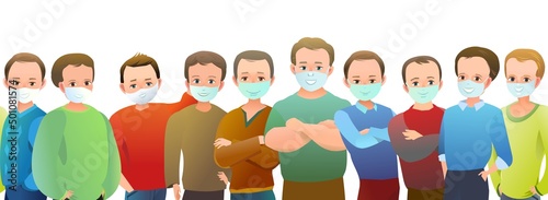 Handsome little boys in mask. Cheerful middle aged teens. Cheerful person. Standing pose. Cartoon comic flat design. Single character. Seamless Illustration isolated on white background. Vector