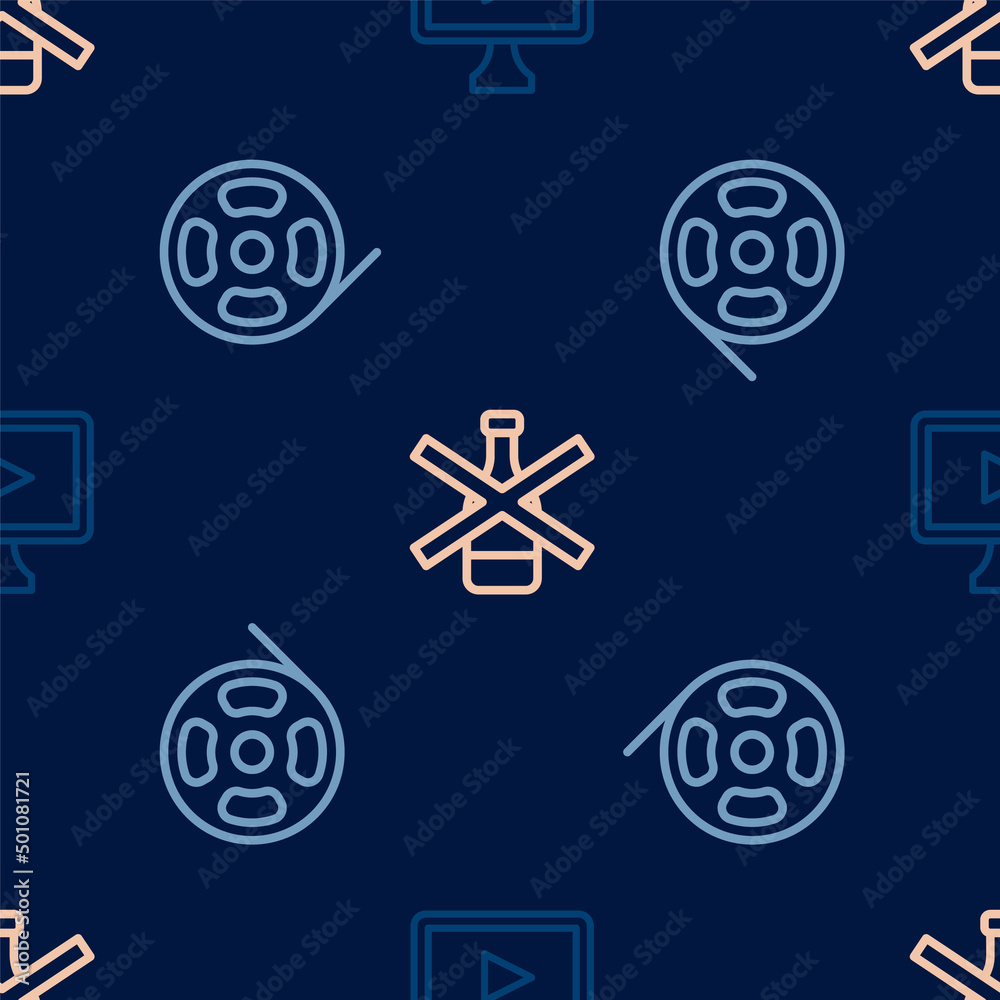 Set line Online play video, Film reel and No alcohol on seamless pattern. Vector