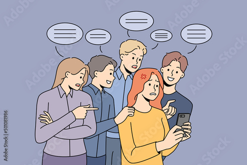 Stressed woman use cellphone have unasked advice from people in background. Unhappy girl feel bothered meddled with public comment and feedback in social media. Vector illustration. 