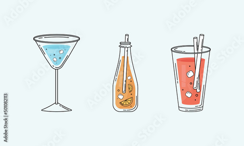 Summer drinks, alcoholic or not alcoholic, cocktails collection. Drinks with orange and ice. Cocktails line icons, vector illustration
