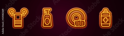 Set line Towel on hanger, Cleaning spray with detergent, Washing dishes and Antibacterial soap. Glowing neon icon. Vector