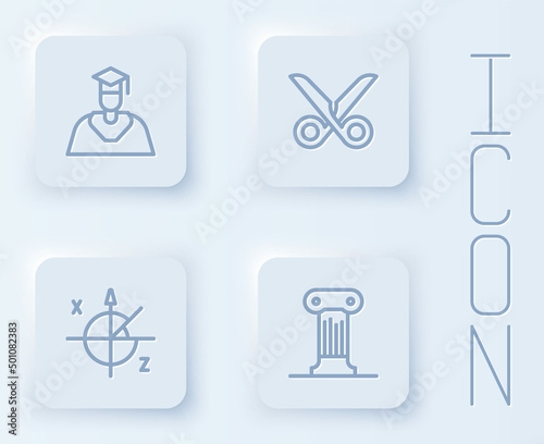 Set line Graduate and graduation cap  Scissors  Trigonometric circle and Law pillar. White square button. Vector