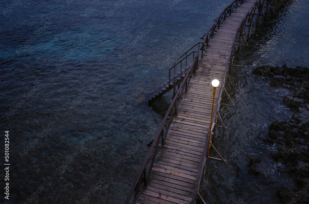 Top view of wooden bridge at night time.