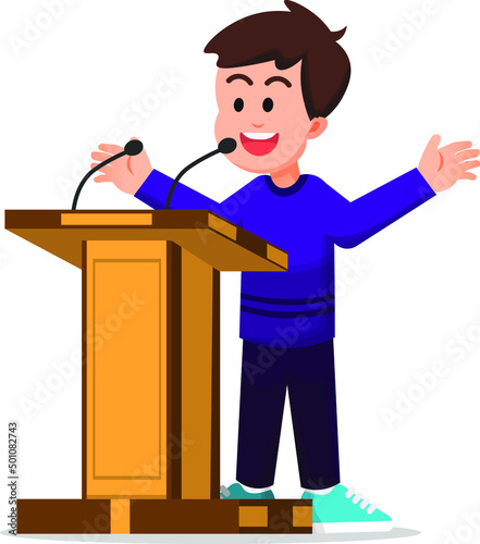 cute and cheerful boy giving a speech on the podium