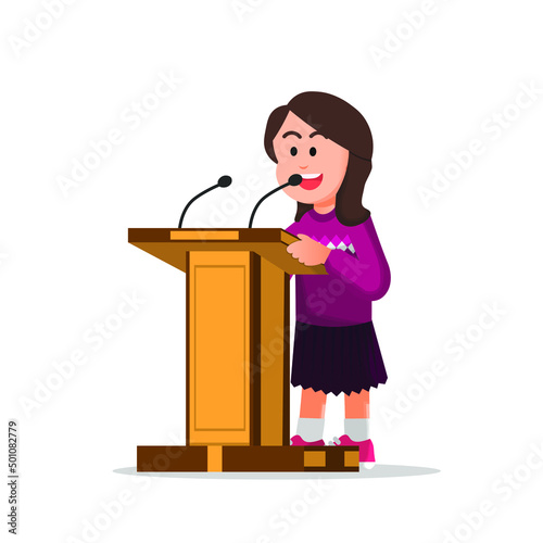 Cute little girl gives a speech on the podium