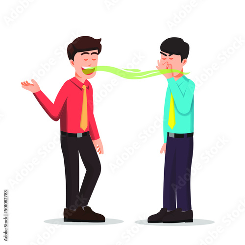 Man covers his nose because of the smell of his friends mouth while talking