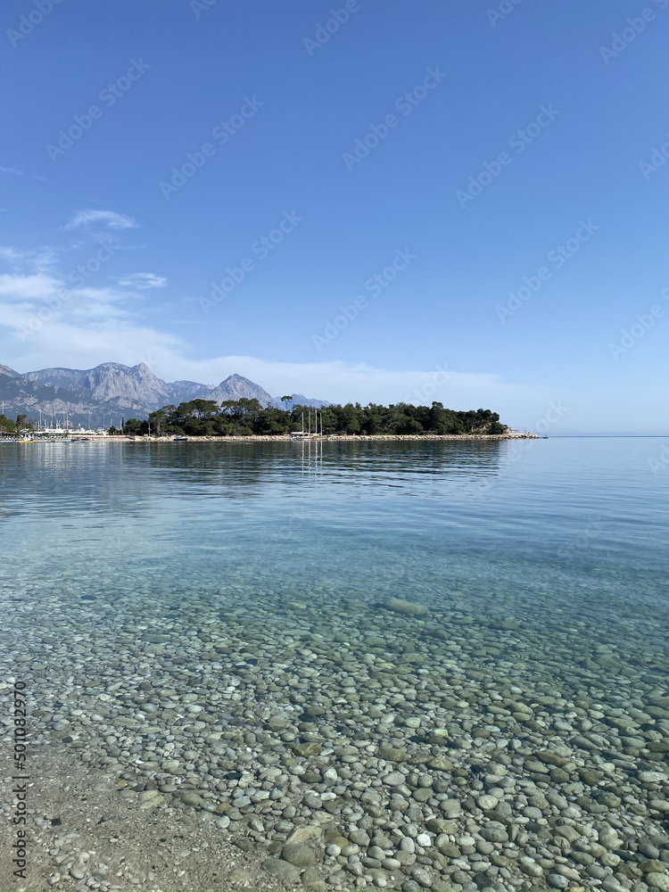 The coast of Mediterranean sea in Kemer, seaside resort and district of Antalya Province on the Mediterranean coast of Turkey