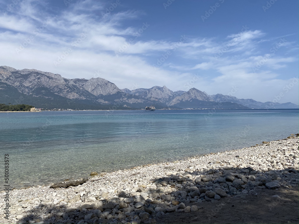 The coast of Mediterranean sea in Kemer, seaside resort and district of Antalya Province on the Mediterranean coast of Turkey