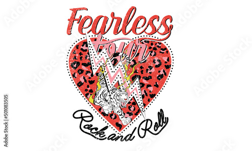 Tiger fearless tour vector print design. Rock and roll artwork for posters, stickers, background and others. Wild cat and thunder  illustration.
