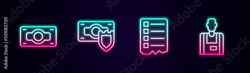 Set line Stacks paper money cash, Money with shield, Shopping list and Seller. Glowing neon icon. Vector