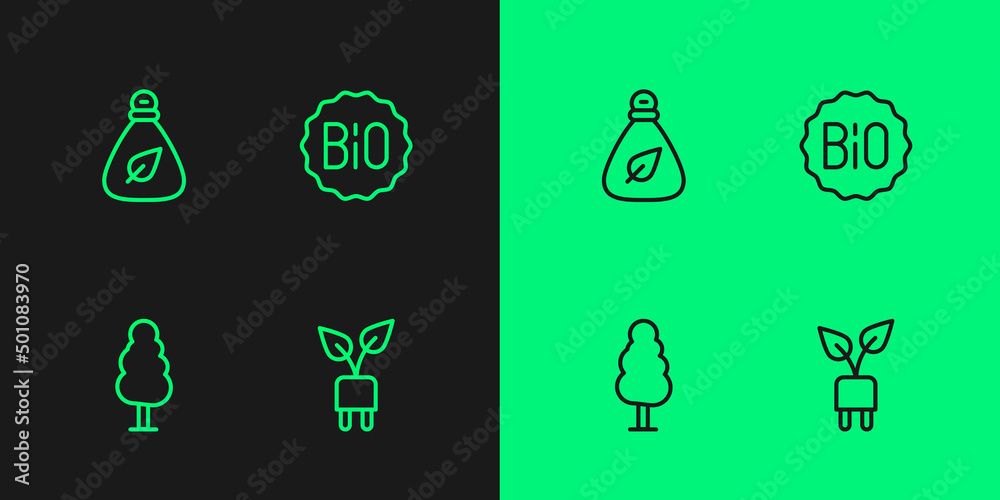 Set line Electric saving plug in leaf, Tree, Garbage bag and Banner for bio icon. Vector Set line Electric saving plug in leaf, Tree, Garbage bag and Banner for bio icon. Vector