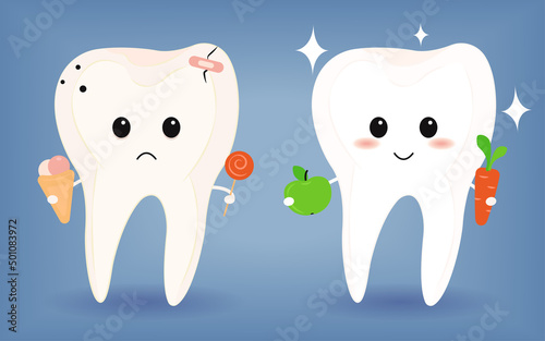 Happy cute smiling healthy and sad sick teeth. Vector modern style cartoon character illustration icon design. Healthy and junk food, teeth concept