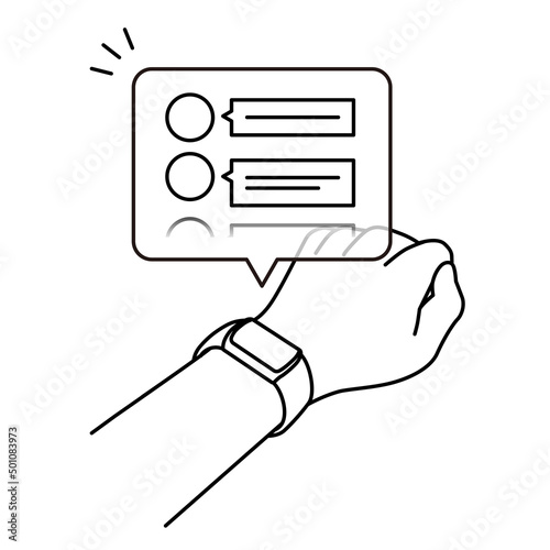 スマートウォッチを腕に装着してメッセンジャーアプリの通知を確認しているイラスト