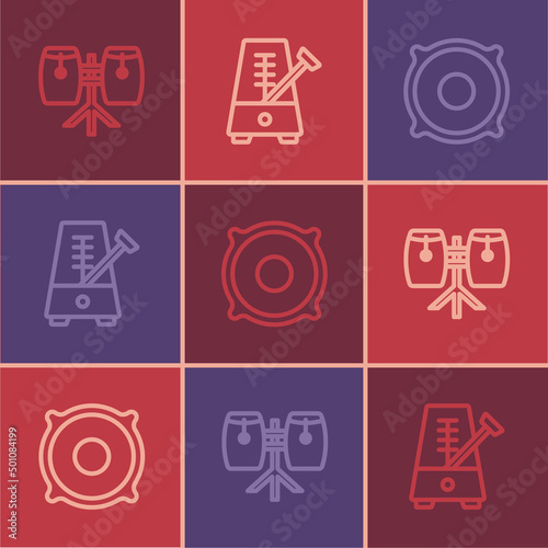 Set line Conga drums, Stereo speaker and Metronome with pendulum icon. Vector