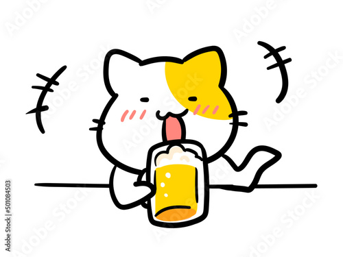 ビールを飲んで陽気になるかわいいねこのキャラクターの手書き風イラスト