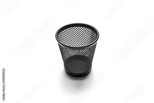 Black plastic basket, isolated on white background with reflection