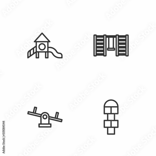 Set line Hopscotch, Seesaw, Slide playground and Swedish wall icon. Vector