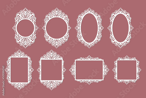 Set of frames laser cut; photo, picture, mirrow frame templates, decor elements isolated, vector.