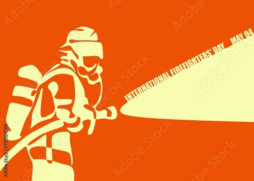International firefighters day concept. Firefighter silhouette vector illustration, as a banner, poster or template for international firefighters day with lettering, fire and flames.