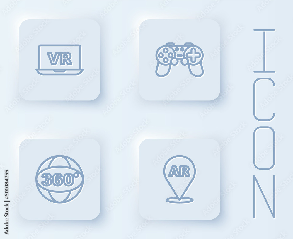 Set line Virtual reality, Gamepad, 360 degree view and Augmented AR. White square button. Vector Set line Virtual reality, Gamepad, 360 degree view and Augmented AR. White square button. Vector