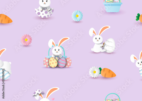 White bunny with Easter eggs and sign of Easter holiday in paper cut style wallpaper and gift wrapping isolated on violet background.