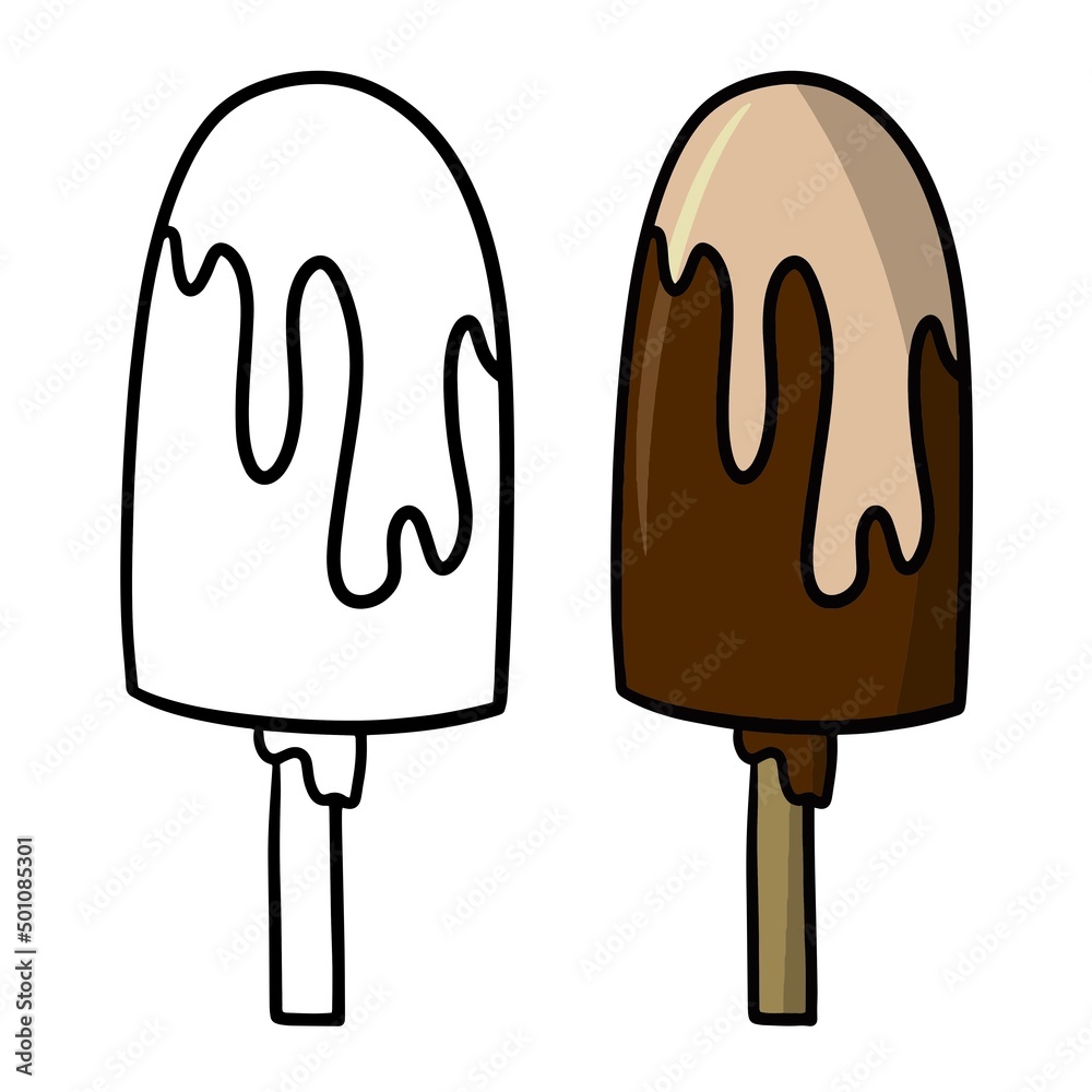 A set of delicious cold dessert, chocolate ice cream on a stick, popsicle. Vector illustration, cartoon style A set of delicious cold dessert, chocolate ice cream on a stick, popsicle. Vector illustration, cartoon style