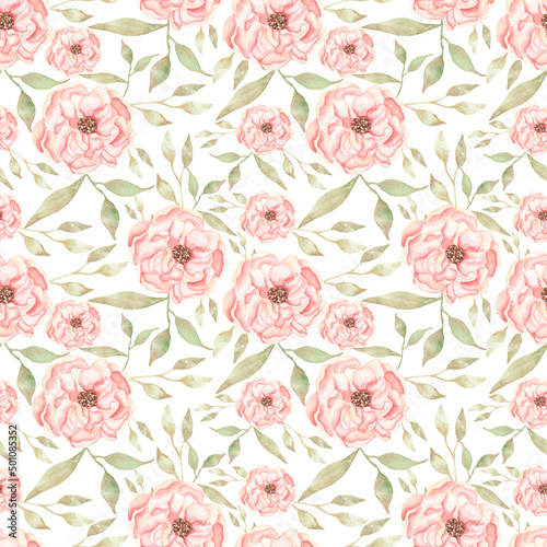Watercolor hand drawn pink peony flowers seamless pattern, Florals repeat paper, garden florals and pink stripes background. scrapbook paper